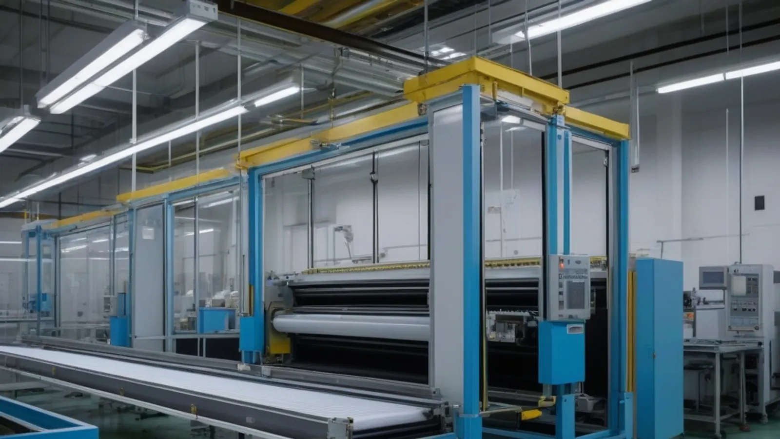 Linea di produzione continua di membrane impermeabilizzanti, con sensori di processo e telecamere di controllo qualità allineate lungo il nastro.